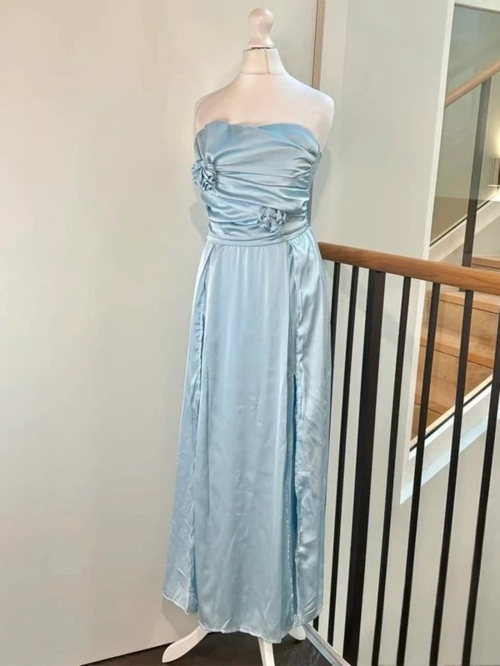 Strapless Satin Maxi Dress in Light Blue with Rosette Detail